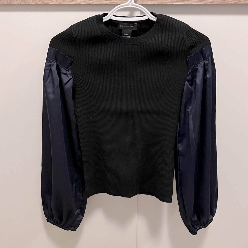 NWOT Club Monaco Black Knit Sweater with Navy Satin Balloon Sleeves Size XS